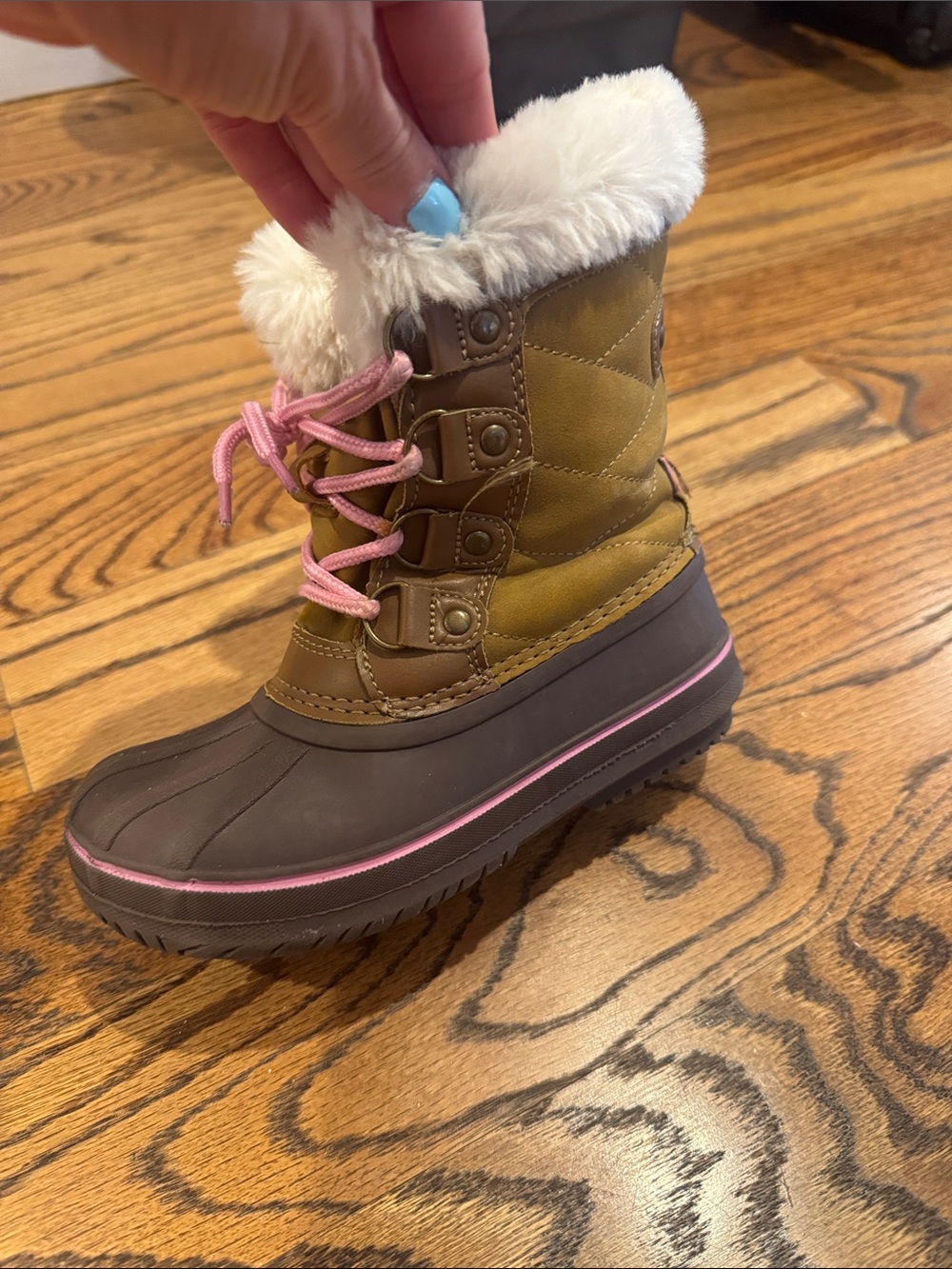 London Fog Olive, Brown and Pink Kids Winter Boot with Faux-Fur Cuff